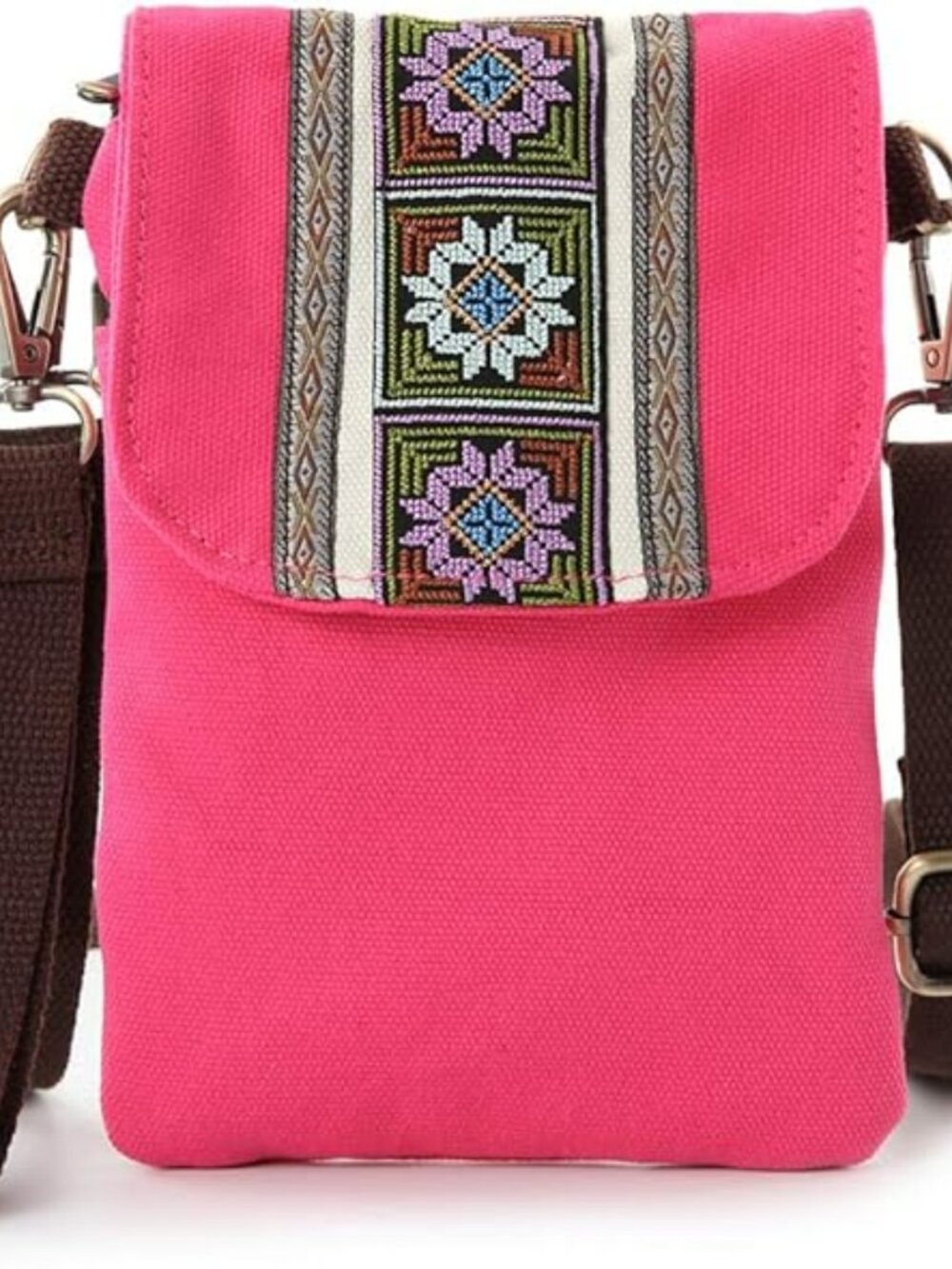 NEW Pink Embroidered Canvas Flip Crossbody Bag Cell Phone Pouch Wristlet‎